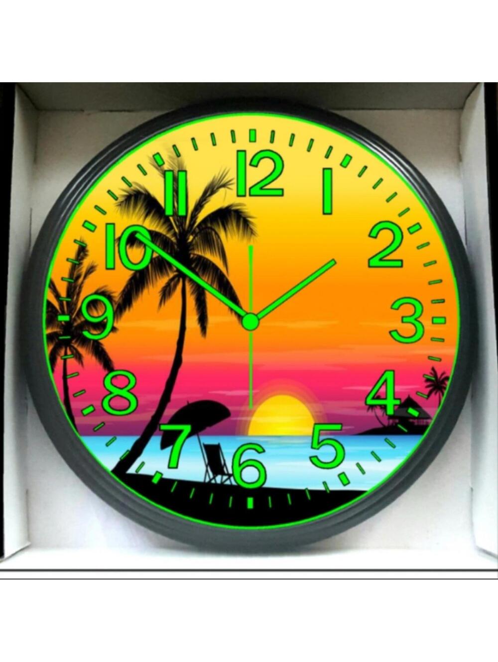 Sunset Beach Paradise Glow In The Dark Wall Clock New!